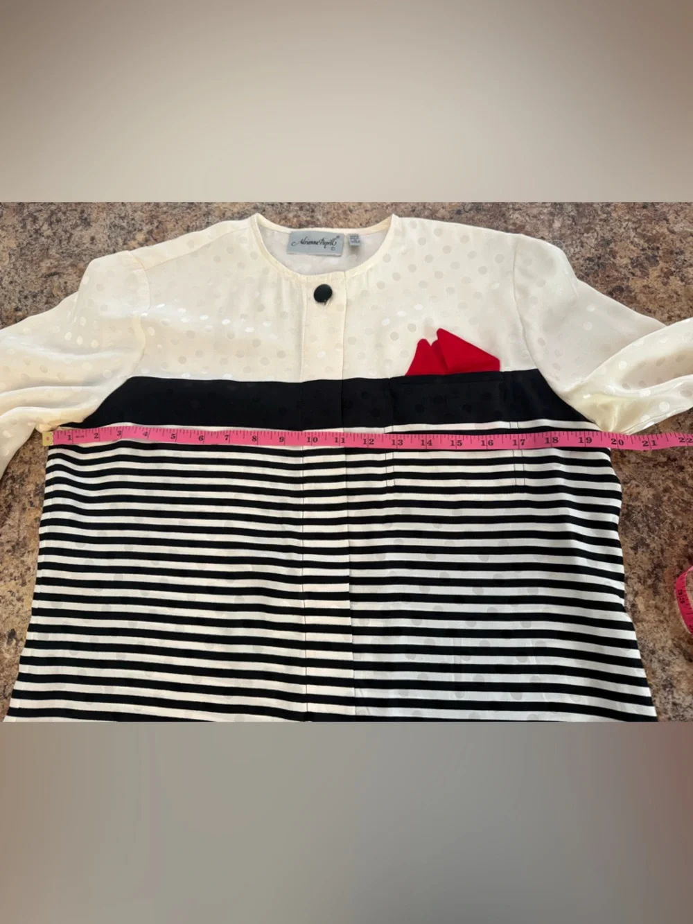 VINTAGE Adrianna Papell 100% Silk Mixed Print Striped Polka Dot Blouse Size 6 - Picture 5 of 6
